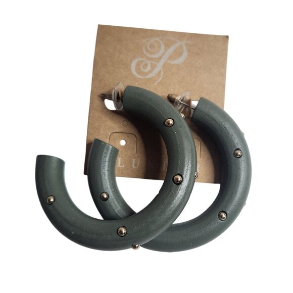 Plunder Olive Green Hoop Earrings With Stud Detailing statement - Picture 1 of 2